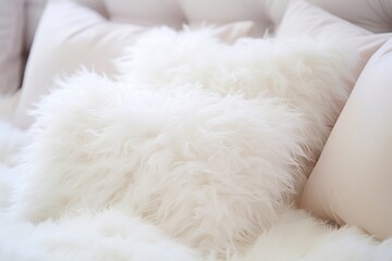  a white fluffy pillow sitting on top of a white couch next to a pillow on top of a white pillow on top of a white pillow on top of a white couch.
