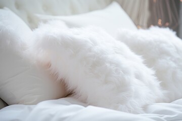  a close up of a white fluffy pillow on a bed with a white comforter and pillows on the side of the bed with a string of lights in the background.