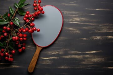  a ping pong paddle next to a branch of holly with red berries on it and a mirror on a wooden surface with a gray back drop of red berries. - obrazy, fototapety, plakaty