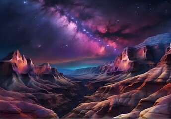 A canyon, a dried up river bed with very steep slopes, with an unusually beautiful night sky