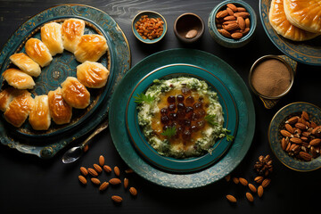 Ravishing Ramadan Delights. Tempting Treats and Exquisite Dish Preparation, Flat Lay - obrazy, fototapety, plakaty