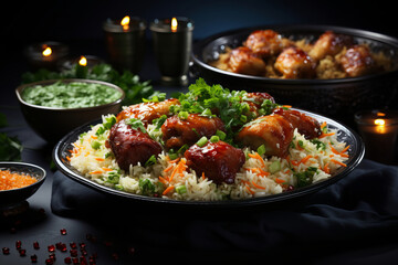 Fototapeta premium Exquisite Ramadan Delights. Sumptuous Festive Treats and Culinary Preparations, Beautifully Arranged