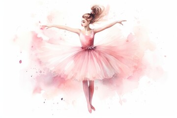 a watercolor painting of a ballerina dancer in a pink tutu skirt with her arms stretched out and her hand out to the side of the dancer's body. - obrazy, fototapety, plakaty