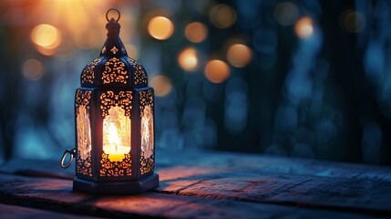 Elegant Arabian lamp with lit candle shining in the evening. Celebratory card for Islamic sacred month Ramadan Mubarak.