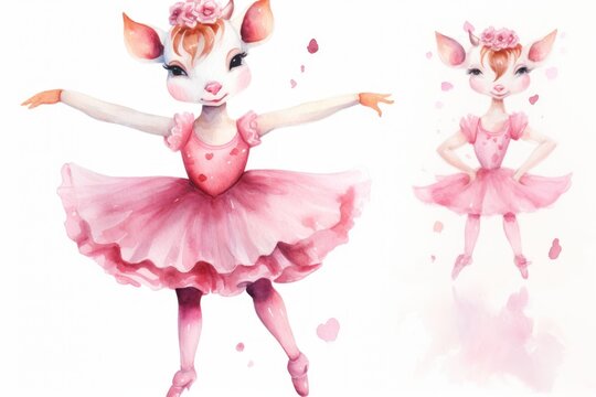  a watercolor painting of a little girl in a pink dress and a white mouse in a pink dress and a pink mouse in a pink dress and a white background.