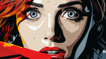 Expressive Pop Art Illustration of a Surprised Lady.  Retro  Portrait of a Pretty Woman