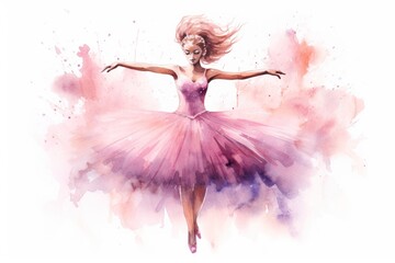  a watercolor painting of a ballerina dancer in a pink tutu skirt with her arms outstretched in front of a pink and purple splash of watercolor background. - obrazy, fototapety, plakaty