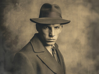 Portrait of gangster from the 1920s in suit with hat