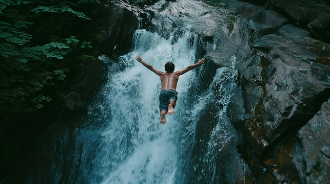 Man jumping in front of waterfall