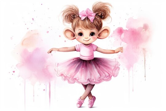  a watercolor painting of a little girl in a pink dress with a pink bow on her head and her hair in pigtails, standing in front of pink paint splats.