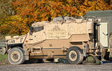 close-up of a British army Foxhound 4x4-wheel drive protected patrol vehicle on a military...