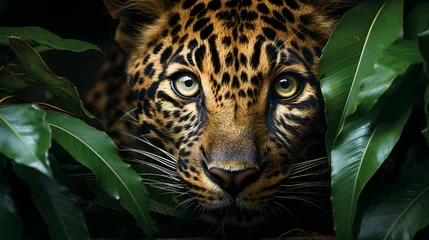 Fototapeten The leopard hiding in the jungle foliage © EwaStudio