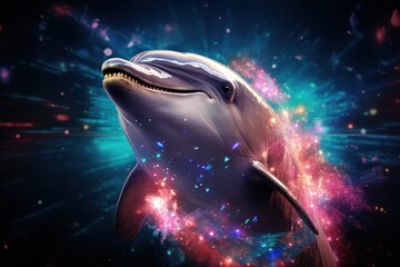  a picture of a dolphin with its mouth open and fireworks coming out of it's mouth in front of a black background with a blue, red, and pink, and green, and white design.
