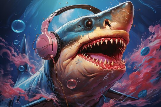  a painting of a shark wearing headphones with a shark's mouth and a shark's mouth with its mouth open, with a pair of headphones in it's mouth.