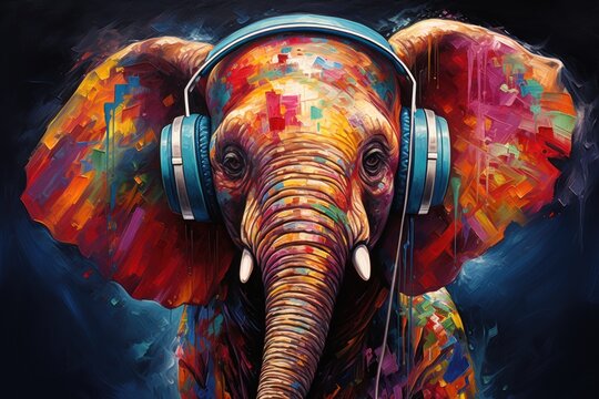  a painting of an elephant with headphones on it's ears and a colorful pattern on it's face, with a dark background of blue, red, yellow, and green, and white colors.