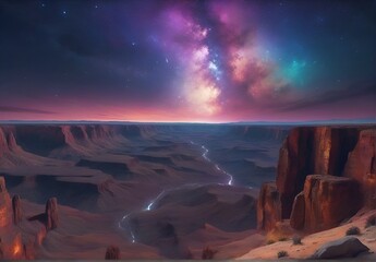 A canyon, a dried up river bed with very steep slopes, with an unusually beautiful night sky