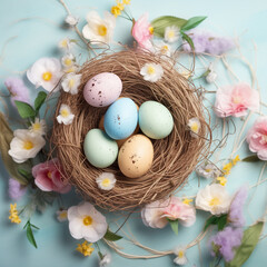 Obraz na płótnie Canvas Top view of nest with colorful Easter eggs and flowers. Easter decoration, pastel colors