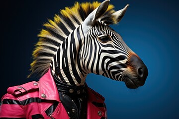  a close up of a zebra wearing a pink jacket and a black and white jacket with a yellow mohawk on it's head, against a blue sky background.