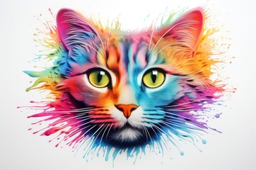  a close up of a cat's face with paint splatters on the cat's face and the cat's eyes are yellow, green, orange, blue, red, yellow, pink, and purple, and orange.