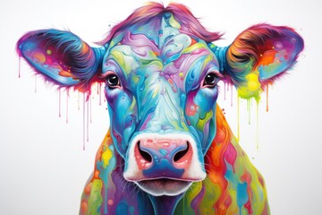  a close up of a colorful cow's face with drops of paint on the cow's face and the cow's head is looking at the camera.