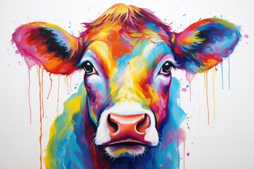  a painting of a colorful cow's face with drops of paint on the side of the cow's face and the cow's head is looking at the camera.