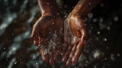 Fotobehang Hands catching water droplets, shimmering against a dark background © tiagozr