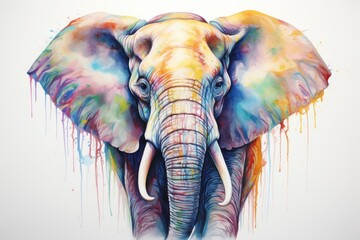  a painting of an elephant with multicolored paint splatters on it's face and tusks and tusks, with a white background. - obrazy, fototapety, plakaty