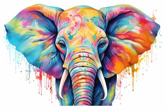  a painting of an elephant with colorful paint splatters on it's face and tusks and tusks, it's trunk and tusks, it's tusks, and tusks, and tusks, and tusks,.
