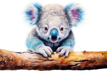  a painting of a koala sitting on top of a tree branch with its head on a branch with its paws on a branch, with a white background with a white background.