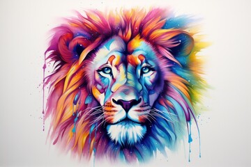  a painting of a lion's face with multi - colored paint splattered on it's face and the face of a lion's head's head.