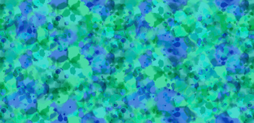 Fototapeta na wymiar Simple Seamless Pattern With Blue and Turquoise Green Blurred Spots. Watercolor Painting-like Repeatable Print. Creative Blurry Abstract Geometric Pattern with Chaotic Splashes and Splatters.