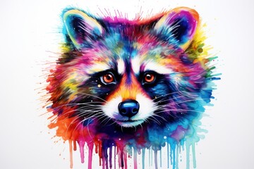  a close up of a raccoon's face with multicolored paint splattered on it's face and behind it is a white background.