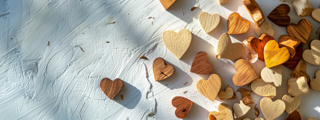 Assorted wooden hearts on textured background, ideal for Valentine's or love-themed designs. - obrazy, fototapety, plakaty