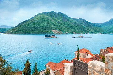 View of the Bay of Kotor and islands in the historical town of Perast in Montenegro
