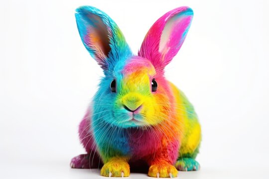  a multicolored rabbit sitting in front of a white background and looking at the camera with a surprised look on its face and ears, with one eye wide open.
