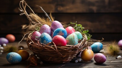 Fototapeta na wymiar Colorful easter egg collection in rustic basket on wooden background, spring holiday concept