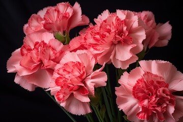  a bunch of pink carnations in a vase on a black background with space for a text or an image to put on a card or postcard or other item.