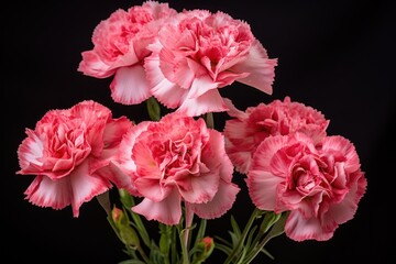  a bunch of pink carnations are in a vase on a black background with water droplets on the bottom of the carnations and on the top of the stems.