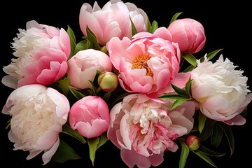  a bouquet of pink and white peonies with green leaves on a black background with a yellow center piece in the middle of the peonies is surrounded by smaller pink and white peonies.