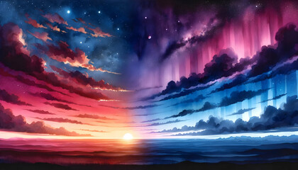 A background featuring abstract clouds in the sky with either a sun or sunset landscape, created using a watercolor technique to achieve a colorful background