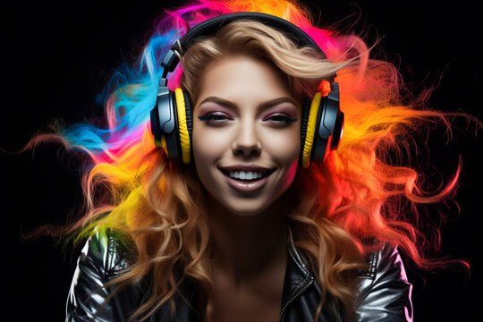 portrait of a  girl in headphones on a black background