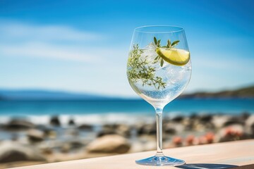  a close up of a wine glass with water and a lemon wedge on a table in front of a beach and a body of water with people in the background. - obrazy, fototapety, plakaty