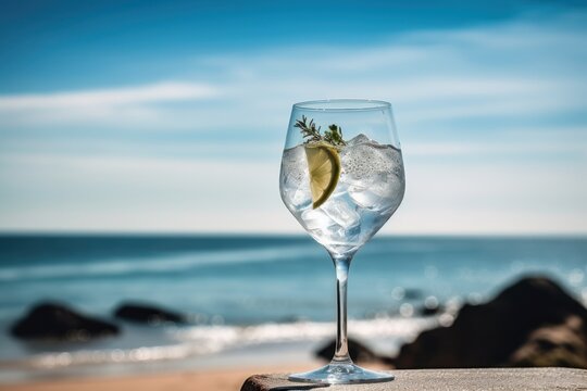  a close up of a wine glass with a lemon wedge in it on a table near the water and a beach with a blue sky and white clouds in the background.