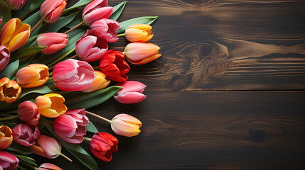 tulips arrangement on a wooden table flat lay top view
