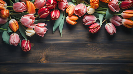 tulips arrangement on a wooden table flat lay top view