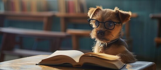 Educated puppy in glasses sits with book at school. - obrazy, fototapety, plakaty