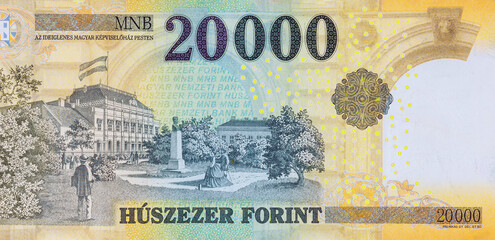 Hungarian banknote shows back view 20,000 forint national currency cash