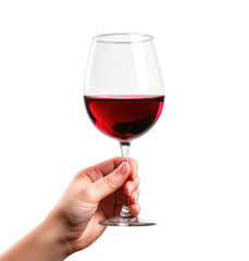 Hand holds a glass of red wine isolated from the white or transparent background