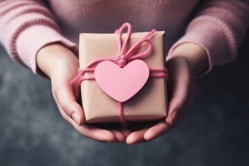 Obraz premium A hand holds a pink gift box, a symbol of love and celebration.