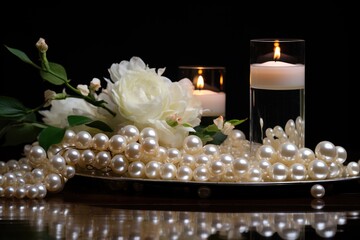 Obraz na płótnie Canvas a table topped with a candle and a bunch of pearls next to a vase with a white flower and a candle on top of a black surface with a black background.